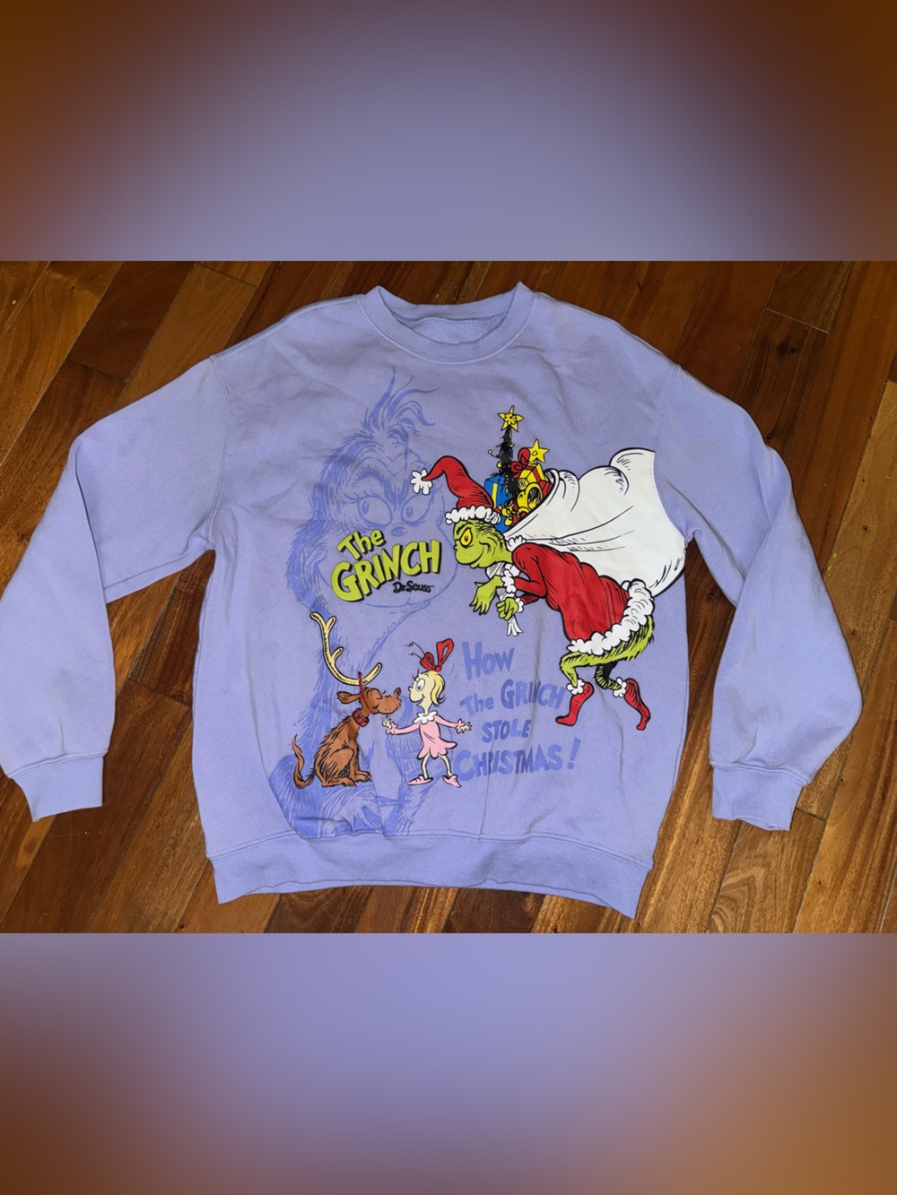 Dr. Seuss Lavender Grinch Holiday Graphic Sweatshirt with Colorful Print